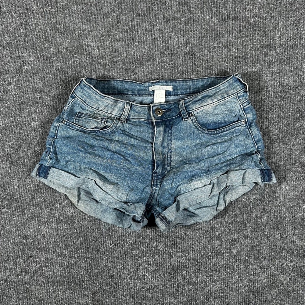 H&M Denim Shorts Womens Size 2 Blue Viscose Blend Rolled Hem Booty Shorts Casual